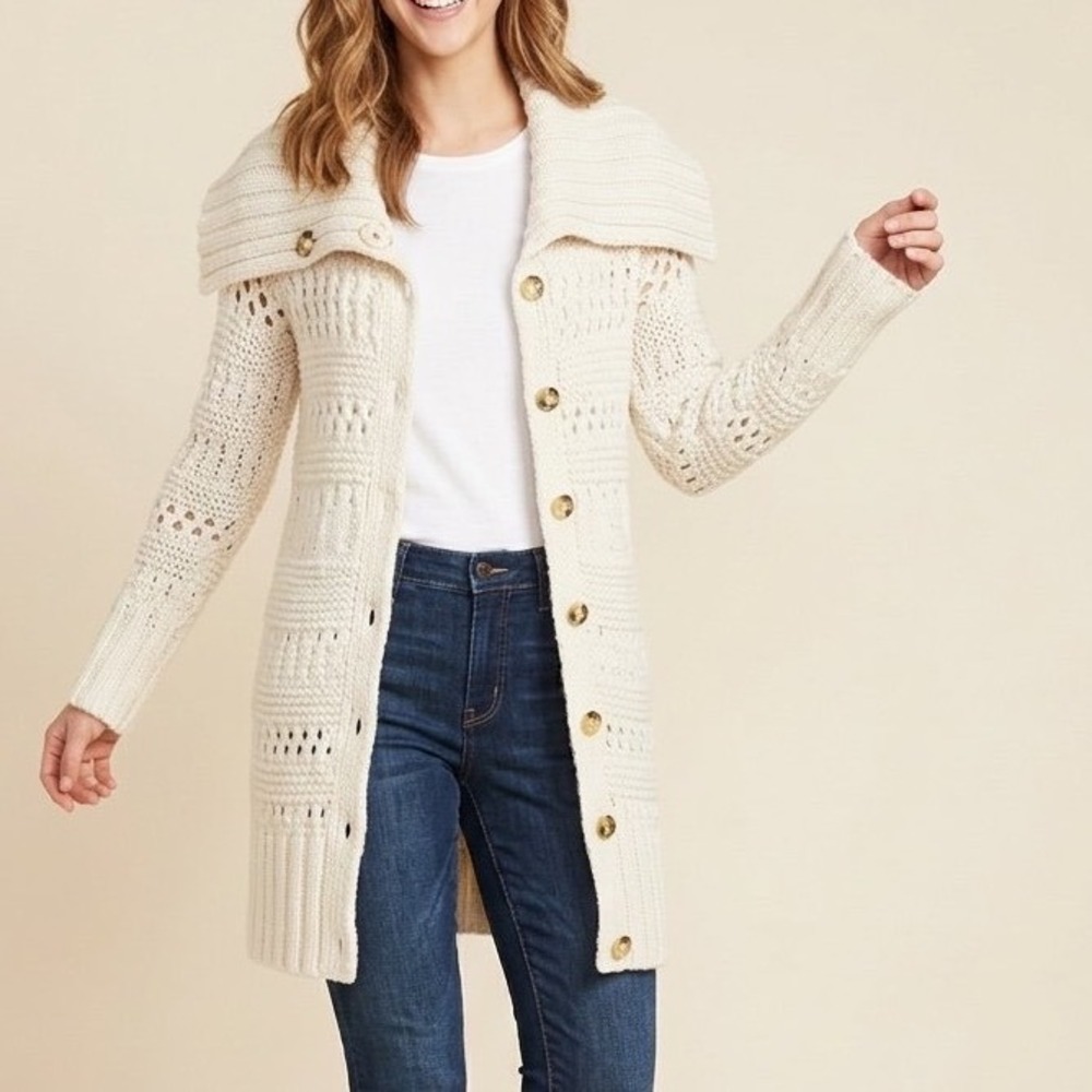 Rachel Roy Shawl Collar Long Chunky Knit Heavyweight pocket Cardigan Cream L